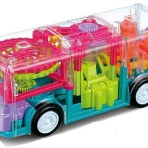 RAGVEE Transparent 3D Bus Toy R360 Degree Rotating Battery Operated Gear Simulation Mechanical Bus Sound and Light Toy for 2-5 Years Boys and Girls