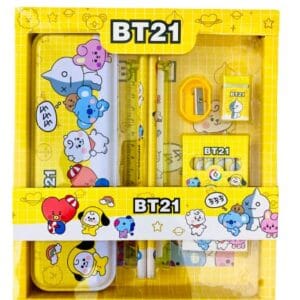 Ragvee Toys Presents Latest 12Pcs All in One BT21 Cartoon Theme Stationery Set Kit with 1 Pencil Box Case 2 Pencils 6 Crayon Colors 2 Space Gel Pen 1 Ruler Scale Eraser Sharpener Kit Geometry Set for School Birthday Gift Set For Girl/Boy