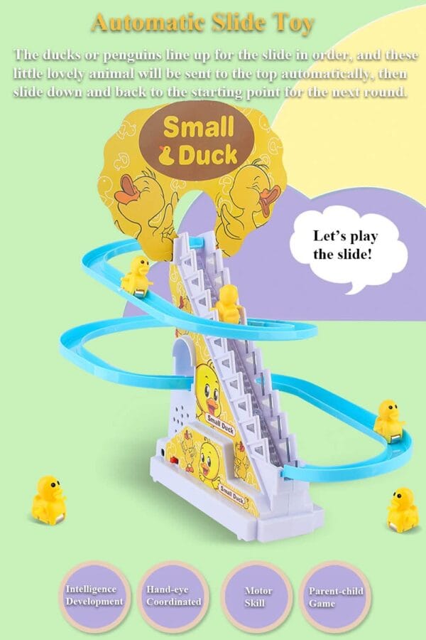 RAGVEE Slide Toy Set, Funny Automatic Stair-Climbing Cartoon Race Track Set Little Lovely Duck Slide Toy Escalator Toy with Lights and Music - Image 3